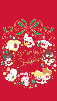 a merry christmas card with cute animals and presents on it's red background, surrounded by snowflakes