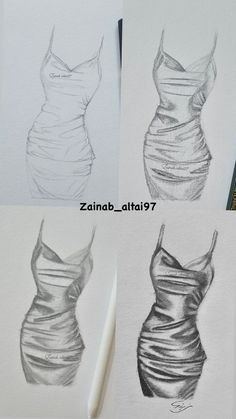 four different pictures of dresses drawn in pencil