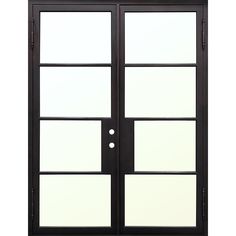 the double doors are black and have frosted glass panels on one side, and two sides