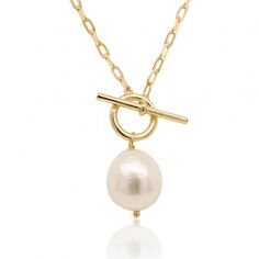 Exude timeless elegance with our Pearl Paperclip Toggle Necklace. This trendy yet classic piece is expertly crafted with a delicate pearl and modern paperclip chain. Elevate any outfit with its effortless sophistication. Material: Gold plated sterling silver. Length: 18" Shipping: Items in stock will ship in 2-3 business days. Please see our Shipping terms for more information. Sarah Baeumler, Toggle Necklace, Trombone, Perfectly Imperfect, Gold Plated Sterling Silver, Paper Clip, Timeless Elegance, 18k Gold, Gold Plate