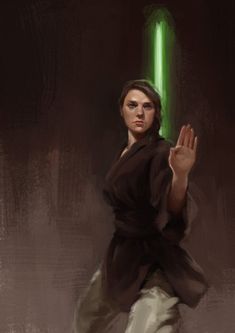 a painting of a woman holding a green light saber