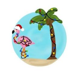 a pink flamingo standing under a palm tree wearing a santa hat and holding an umbrella