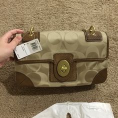 Brand New. Price Firm Coach Beige Clutch Bag, Coach Top Handle Bag With Magnetic Closure, Coach Satchel Shoulder Bag With Magnetic Closure, Coach Bag With Magnetic Closure For Daily Use, Coach Crossbody Bag With Magnetic Closure, Shopping Bags With Gold-tone Hardware And Flap, New Price, Coach Bags, Shoulder Bags