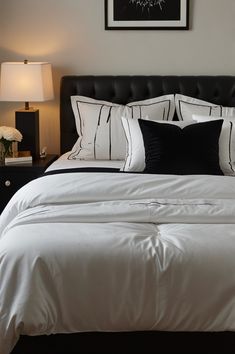 a bed with white sheets and black pillows in a bedroom next to a night stand