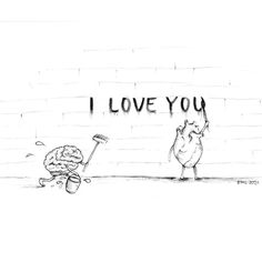 a black and white drawing of a chicken next to a brick wall with the words i love you written on it