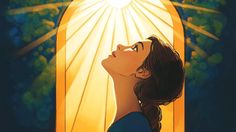 a painting of a woman looking up at the sun coming through her window with sunlight streaming in