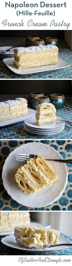 three different views of cake on plates with the words maplen dessert written below it