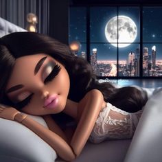 a woman laying on top of a white couch in front of a window with the moon behind her