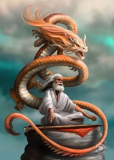 a man sitting on top of a giant dragon next to a person with long hair