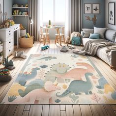 a child's room with blue walls, wooden floors and toys on the floor