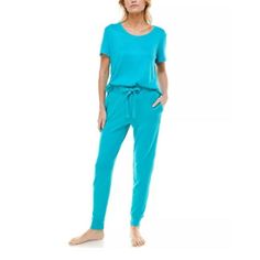 Roudelain Womens Pajamas M Blue Turquoise Soft Cozy Short Sleeve Jogger Loungewear Nwt So Soft And Cozy, Roudelain's Comfy Pajama Set Will Become Your Lounging And Sleeping Staple. Size & Fit Top: Approx. 26" Long; Shirttail Hem; Crewneck; Pullover Styling; Short Sleeves Bottom: Approx. Inseam: 29"; Pockets At Sides; Cuffed Hem; Drawstring At High-Rise Elastic Waist Materials & Care Polyester/Spandex Machine Washable Comfortable Blue Bedtime Sets, Blue Sleepwear Long Pants For Loungewear, Blue Long Pants Sleepwear For Loungewear, Comfortable Blue Sleepwear With Relaxed Fit, Comfortable Blue Lounging Set, Blue Relaxed Fit Sleep Sets, Casual Light Blue Sleepwear For Loungewear, Light Blue Casual Sleepwear For Loungewear, Relaxed Fit Light Blue Sleepwear For Loungewear