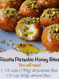 there is a plate with some food on it and the words ricotta pistachio honey bites you will need