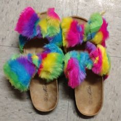 Rainbow Fluffy Sandals Trendy Multicolor Flat Slippers, Multicolor Round Toe Slippers For Spring, Fun Open Toe Slippers For Vacation, Fun Open Toe Slippers For Spring, Fun Slide Slippers For Spring, Multicolor Flat Synthetic Slippers, Multicolor Open Toe Slippers For Spring, Fun Open Toe Flip Flops For Spring, Fun Round Toe Slippers For Spring