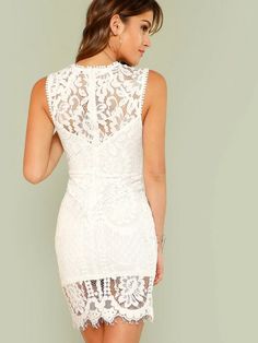 This is a beautiful lace dress that's great for romantic occasions or even a perfect bridal shower dress. Zips in the back for a great fit. Gorgeous scalloped hem detail. True to size. Material : Polyester/Cotton Sizes (Measured in inches):XS Bust 32 Waist 26 Length 35.5 S Bust 34 Waist 27.5 Length 36 M Bust 36 Waist 29 Length 36.5L Bust 38 Waist 31.5 Length 37 Bodycon Dress Online, Summer Bodycon Dress, White Bodycon Dress, Bridal Shower Dress, Sleeveless Bodycon Dress, Lace Bodycon, Guipure Lace, Round Neck Dresses, Lace Bodycon Dress