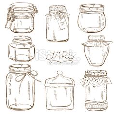 hand drawn jars with labels and ribbons on white background stock photo - image 34987