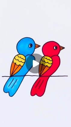 two colorful birds sitting on top of a wire with one bird holding the other's tail