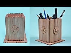 a wooden pen holder with pencils and pens in it, next to another one that is made out of wood