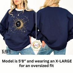 Celestial Mystical Sun and Moon Crewneck Sweatshirt with Seeing Eye, Spiritual Sun and Moon Sweatshirt, Witch Clothing Astrology Sweatshirt, Festival Shirt, Festival Sweatshirt, Aesthetic Spiritual Celestial Crewneck Shirt, Boho Sun and Moon Sweatshirt, Witchy clothing, Dark Academia Clothing, Moon Phase Sweatshirt. The Gildan 18000 crewneck sweatshirt is a stunning piece of wearable art that combines celestial and mystical elements to create a unique and captivating design. At the center of the Celestial Crew Neck Top Relaxed Fit, Celestial Style Cotton Crew Neck Tops, Celestial Crew Neck Top With Relaxed Fit, Celestial Relaxed Fit Crew Neck Top, Black Crew Neck Top With Sun And Moon Design, Cotton Tops With Sun And Moon Design, Relaxed Fit, Celestial Graphic Print Crew Neck Top, Spiritual Sun, Eye Spiritual