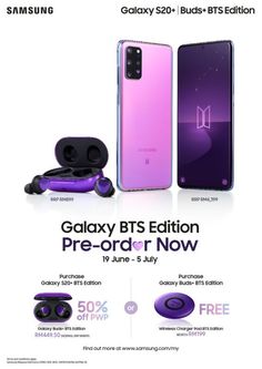 an advertisement for samsung's new phones, including the galaxy buds and its accessories