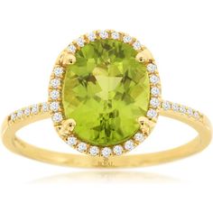 Royal 14K Yellow Gold Ring with Oval 2.85 Carat Peridot and 0.14 Carat Diamond Halo Luxury Gold Birthstone Ring For May, Spring Leaves, Vintage Inspired Rings, Diamond Birthstone, Jewelry Appraisal, Yellow Gold Jewelry, Peridot Ring, Ring Pendant Necklace, Royal Jewelry