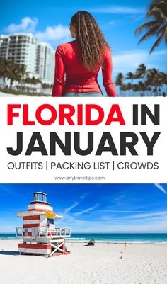 florida in january with text overlaying the image and an image of a lifeguard tower