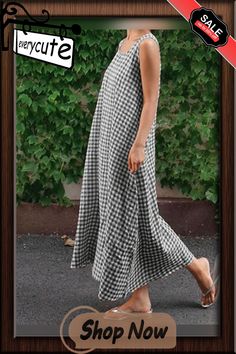 Women Casual Sleeveless Plaid Side Pocket Loose Maxi Dress Loose Maxi Dress, Swimwear Dress, Loungewear Set, Fashion Pattern, Side Pocket, Long Tops, Pant Jumpsuit, Casual Women, Casual Fashion