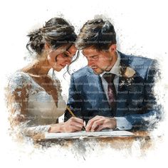 a man and woman are writing in a book together on their wedding day, watercolor painting