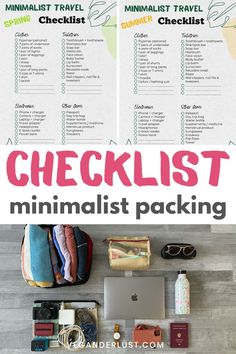 the checklist for minimalist packing with text overlay that reads,'minimalist travel checklist '