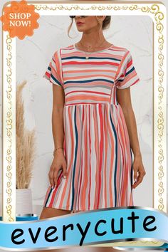 Sweet Striped Print Big Swing Dress P15830 Color Pick, Stylish Girl, Stripe Print, Swing Dress, Women's Fashion Dresses, Collar Styles, Types Of Sleeves, Fashion Dresses