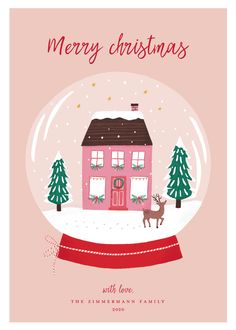 a christmas card with a pink house and trees in the snow, on top of a red ribbon