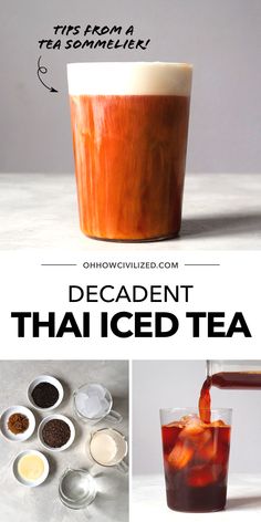 the ingredients for an iced tea are shown in this collage with text overlay