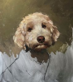 an oil painting of a dog's face in grey and brown tones, with his eyes closed