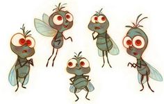 four cartoon mosquitoes with red eyes and one is looking at the camera while another looks on