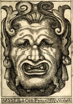 an old drawing of a face with horns on it