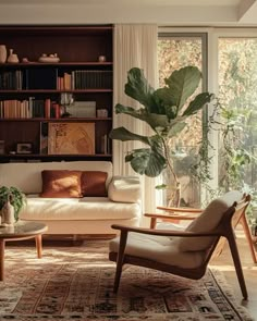 a living room filled with furniture and a large window covered in lots of bookshelves