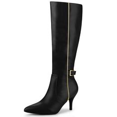 These knee-high boots set on a lofty stiletto heel serve as an impeccable standby style and allow the toes to move comfortably. You can pair these knee-high boots with your favorite dress or jeans. Buckle Decor Knee High Boots; Stiletto Heel; Side Zip; Vamp: PU; Outsole: Rubber; Heel: ABS; Heel Height: 3 1/7 inches; Shaft Height: 15 inches. Knee High Boots Black, Glitter Stilettos, Heel Knee High Boots, Casual Work Wear, Skirts Jeans, High Heel Boots Knee, Closed Toe Shoes, Casual Work, Toe Designs