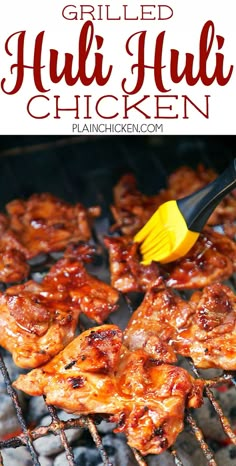 grilled chicken is being cooked on the grill with a spatula in it's mouth