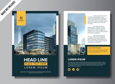 a brochure is shown with an image of two buildings in the background and yellow accents