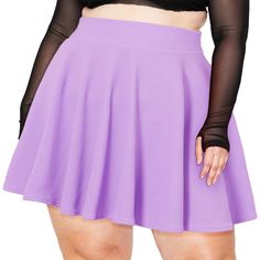 Look your best this season with this stylish high waisted skater skirt! This plus size skirt features a classic lavender hue with a flattering fit. Flared Stretch Mini Skirt, Stretch Flared Mini Skirt In Solid Color, Purple Flared Mini Skirt For Party, Casual Stretch Purple Skirt, Party-style Purple Flared Mini Skirt, Purple Stretch Mini Skirt, Purple Pleated Mini Tennis Skirt, Stretch Mini Length Solid Color Tennis Skirt, Stretch Purple Skirt