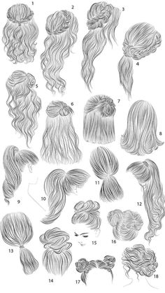 various hairstyles for women with long hair in different styles and sizes, all drawn up