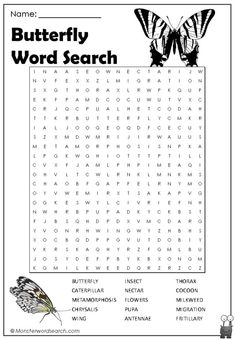 the butterfly word search is shown in this printable worksheet for children to learn