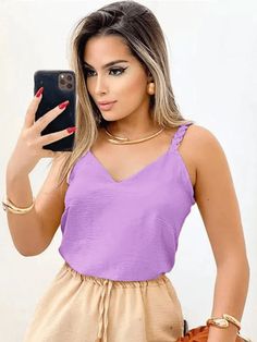 Regata feminina alça trançado decote v pra verao Lavanda Casual   Poliéster Simples Alça Larga Elasticidade Média Verão Women Clothing, size features are:Bust: ,Length: ,Sleeve Length: Looks Chic, Tank Top Cami, Womens Tank, Women Clothing, Womens Tees, Tank Tops Women, Length Sleeve, Womens Tops, Sleeve Length