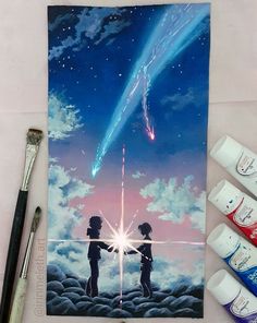 two children holding hands and looking at a star in the sky with paint tubes next to them