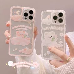 two people holding up their phone cases with the same design on them, and one is wearing