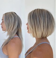 Short Blonde Bob Before and After Pelo Color Ceniza, Short Blonde Hair Ideas, Ash Blonde Short Hair, Long Sleek Hair, Short Blonde Bobs, Short Hair Highlights, Short White Hair, Blonde Hair Ideas, Haircuts For Thick Hair