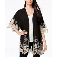 Beautiful, Elegant Lace Kimono/Jacket To Go From Ordinary To "Wow"! Cejon's Simple-To-Wear Kimono Turns Basic Outfits Into A Fashion Statement With Contrasting Crochet Lace Along The Edges. New, Unworn, Tags Are Attached. Original Retail $69. Measures Approximately 33" X 42" Lace Border At Hem & Sleeves Rayon Hand Wash Imported All Proceeds From Your Purchase Help's Rescued Animals At Rooterville Animal Sanctuary. Thank You For Shopping With Us, We Look Forward To Serving You. Black Lace Kimono Outfit, Sheer Kimono, Women Floral Blouse, Black Kimono, Lace Kimono, Black And White Shirt, Lace Insert, Kimono Cardigan, Long Sleeve Knit Tops