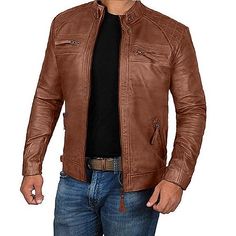 Casual Fitted Biker Jacket With Pockets, Brown Casual Biker Jacket With Stand Collar, Casual Brown Biker Jacket With Zipper, Casual Brown Biker Jacket With Zipper Closure, Casual Brown Biker Jacket With Stand Collar, Casual Brown Biker Jacket With Pockets, Casual Brown Leather Jacket For Spring, Casual Fitted Leather Jacket With Pockets, Fitted Casual Leather Jacket For Fall