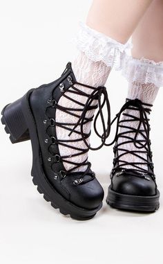 BRATTY-32 Black Lace Up Ankle Bootie-Demonia-Tragic Beautiful Boots Reference, Goth Spring, Boots Demonia, Alt Shoes, Demonia Boots, Alternative Shoes, Goth Shoes, Goth Boots, Gothic Boots