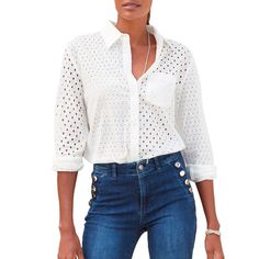 This eyelet button down blouse is perfect for a chic look that can be styled in many different ways. * Functional button placket * Pocket on the left chest * Long sleeves with button cuffs * U-shaped hem * Eyelet size may vary * 100% Cotton. Imported. * Machine wash cold with like colors, inside out * Hang to dry or lay flat Daywear Eyelet Button-up Top, Chic Eyelet Blouse For Daywear, Chic Blouse With Buttoned Pockets For Day Out, Spring Eyelet Button-up Top, White Button-up Eyelet Blouse, White Eyelet Button-up Blouse, Casual Eyelet Blouse For Daywear, Chic Eyelet Blouse For Day Out, Snap Button-up Blouse For Day Out