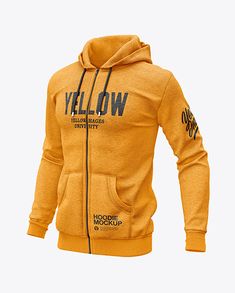 Melange Men's Full-Zip Hooded Sweatshirt Mockup Yellow Zip Up Hoodie, Hoodie Yellow, Free Packaging Mockup, Mockup Product, Gear Design, Company T Shirt, Tracksuit Men, Sweatshirt Mockup